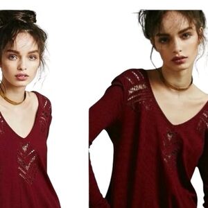 FREE PEOPLE cut-out thermal burgundy long sleeve whimsy goth  top size Medium